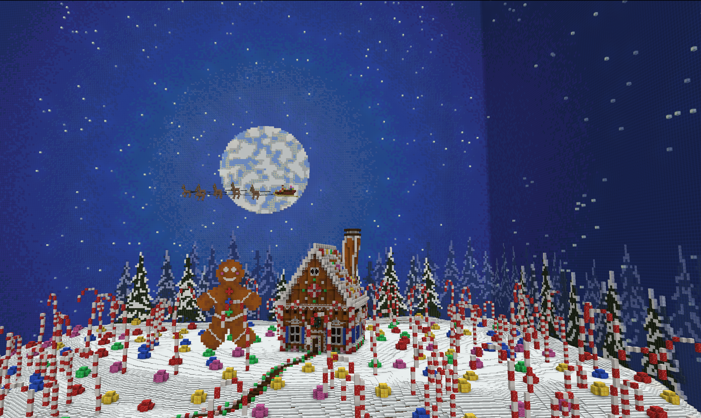 Minecraft GingerBread House in snow with a stairy night sky