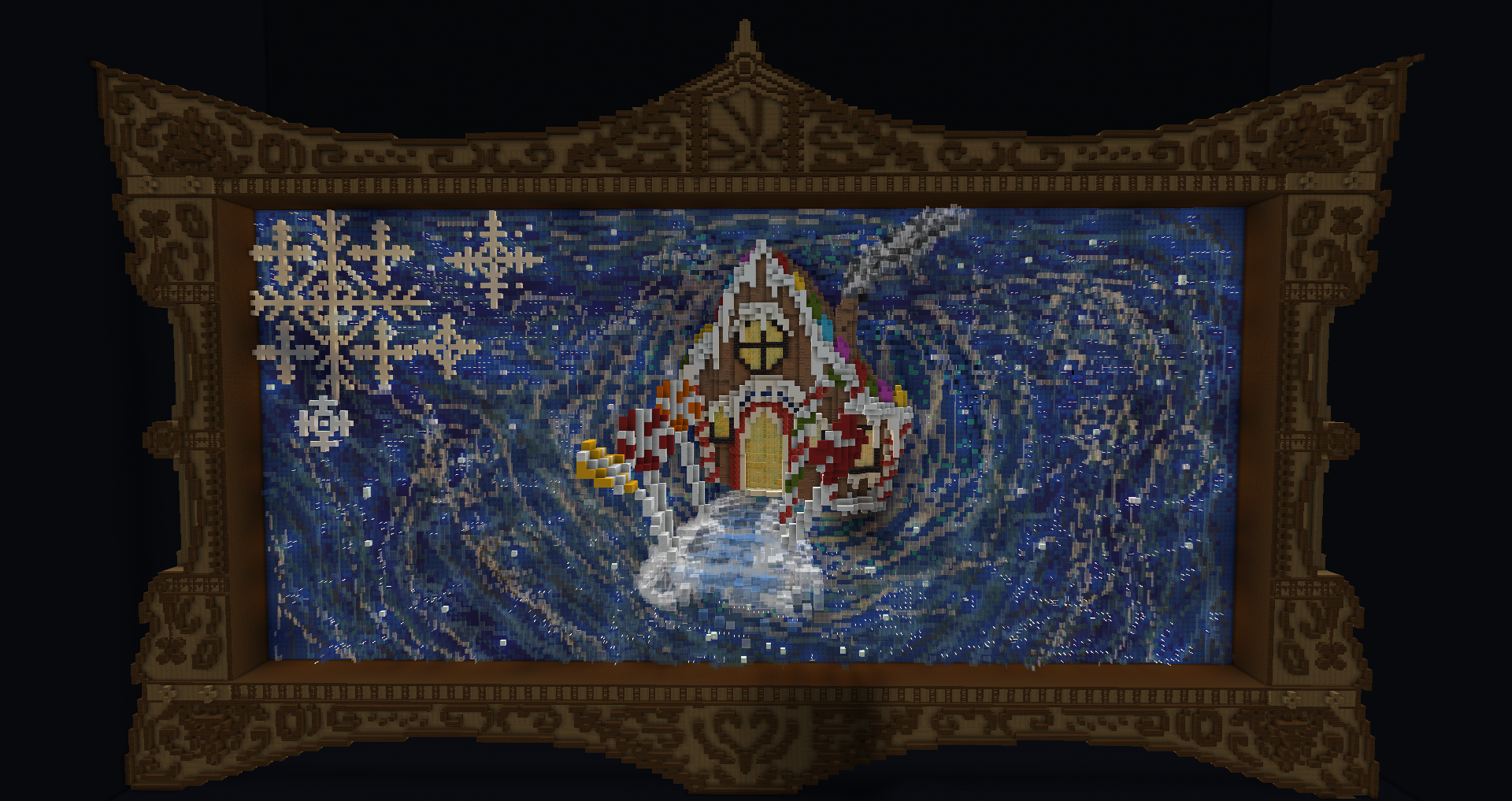 A Gingerbread house inside of a stary picture frame